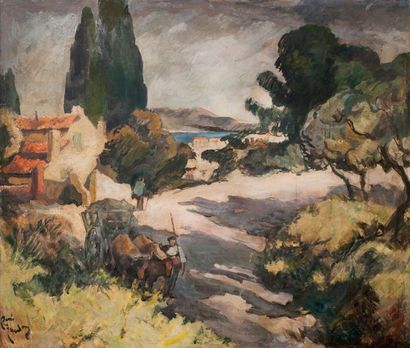 null René JAUDON (1889-1971). Village de Provence aux cyprès. Huile sur papier marouflé...