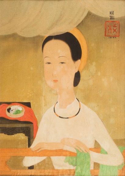 null MAI THU (1906-1980). Jeune fille au foulard vert. Gouache sur soie, signée et...