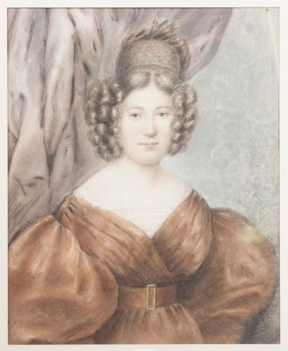 null Ecole FRANCAISE vers 1830. Portrait de jeune femme. Pastel et rehauts de blanc...