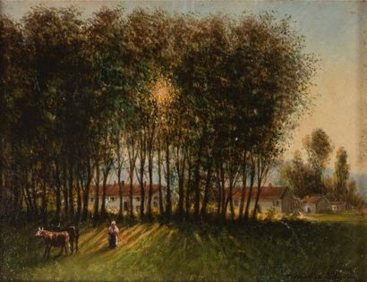 null Marius ERAUD (1854-1919). Gardienne de vaches devant la ferme arborée. Panneau,...