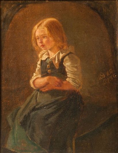 null ECOLE FRANCAISE milieu XIXème. Portrait de fillette assise les bras croisés....