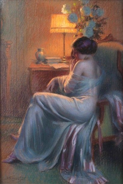 null Delphin ENJOLRAS (1857 - 1945). Jeune femme en robe du soir. Pastel, signée...