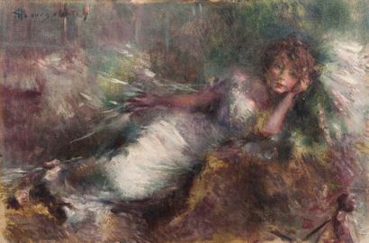 null Berthe Claude BOURGONNIER (Français XIXe). Jeune femme allongé. Huile sur toile...