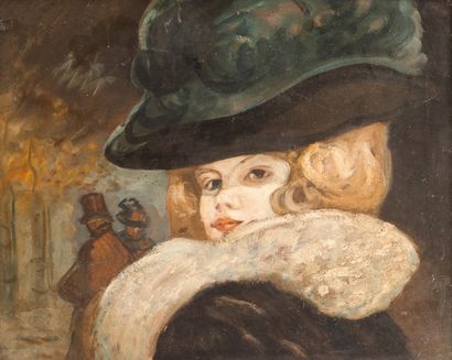 null Henri SOMM (1844 – 1907). Jeune femme au chapeau. Huile sur carton. 38 x 45...