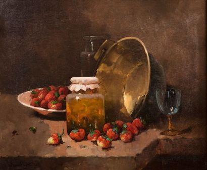 null Alfred Arthur BRUNEL DE NEUVILLE (1852-1941). Nature morte aux fraises. Huile...