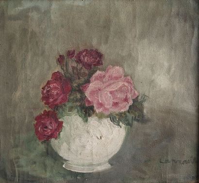 null Pierre LAPRADE (1875-1931/32). Vase de roses. Huile sur toile, signée en bas...