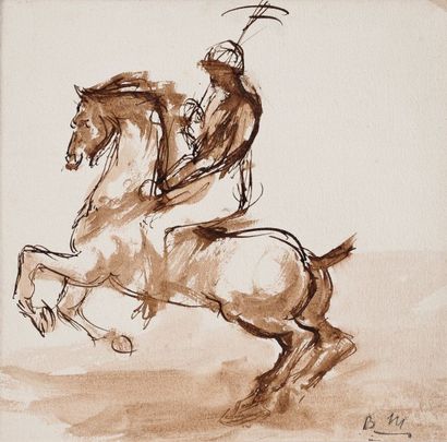 null Berthe MARTINIE (1883-1958). Chevaux, lionne, et joueurs de polo. Trois dessins,...