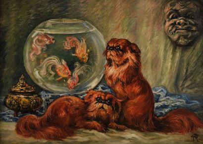 null René THURIN (1874-1951)

Chiens pékinois et poissons japonais.

Huile sur panneau.

Signé...