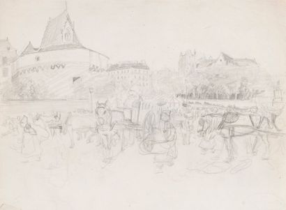 Jules Grandjouan (1875-1968) Marché devant le château de Nantes, crayon sur papier....