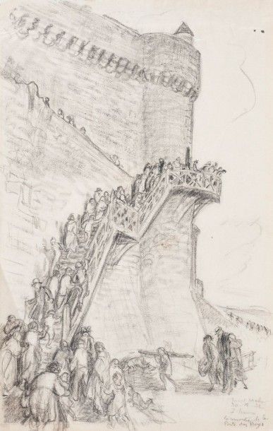 Jules Grandjouan (1875-1968) La Remontée de la porte des Beys, Saint Malo, dessin,...