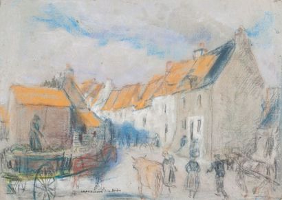 Jules Grandjouan (1875-1968) Dans la rue, la Brière, fusain et pastel, 23 x 32 cm...