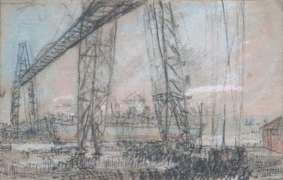 Jules Grandjouan (1875-1968) Pont mobile, Nantes la grise, fusain et pastel, 10 x...