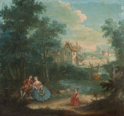 null PH21 - École française du XVIIIe siècle : Couple à l’orée de la forêt. Toile....