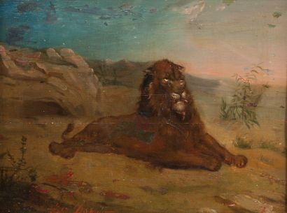 null PH2 - Jules DUFOUR (1812-1871) : Lion de Lybie couché. Panneau, signé en bas...