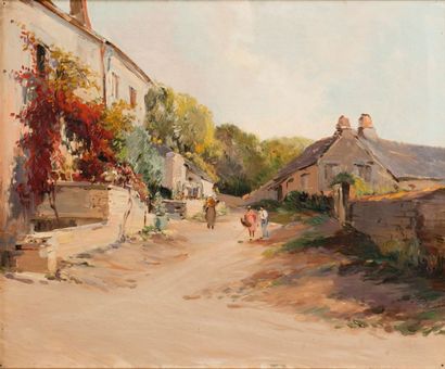 null PH3 - Ferdinand TROUPEAU XIX/XXème: Rue de village animée. Peinture sur toile....