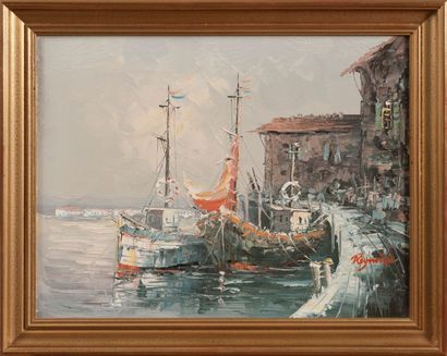 null PH12 - REYNOLDS Xxème: Navires amarés au port. Peinture sur toile. Signé en...