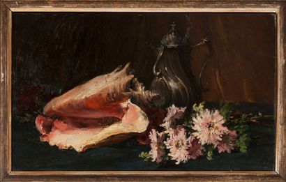 null PH4 - Ferdinand TROUPEAU XIX/XXème:Nature morte au coquillage, fleurs et verseuse....