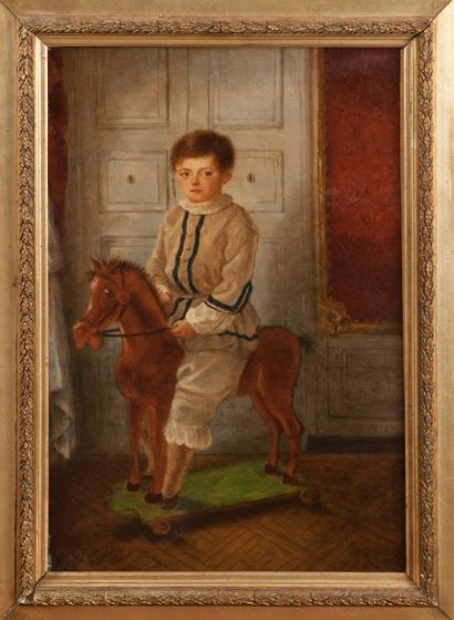 null PH35 - ECOLE FRANCAISE XIXème : Jeune garçon sur son cheval de bois. Peinture...