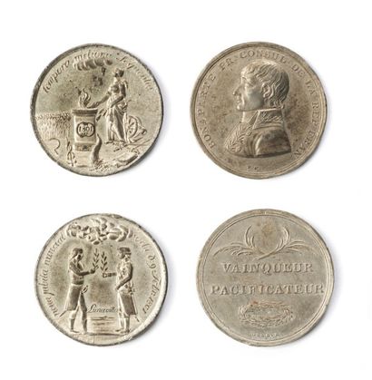 null 1801 - Paix de Lunéville, lot de 2 médailles en étain : Bonaparte vainqueur...