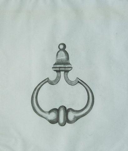 Gilbert POILLERAT Dessin mine de plomb sur calque. Heurtoir de porte. - 58 x 48 ...