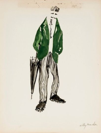 Willy MUCHA (1905-1995), Deux projets de costumes : personnages au pantalon rayé,...