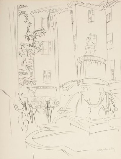Willy MUCHA (1905-1995), Fontaine et place à Saint Pol, deux crayons sur papier,...
