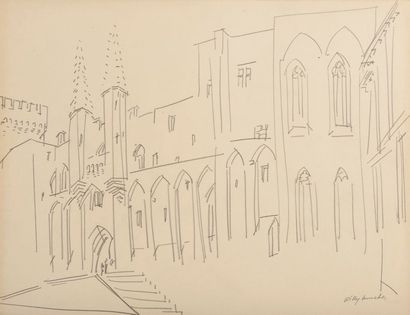Willy MUCHA (1905-1995), Le palais des Papes à Avignon, deux crayons sur papier,...