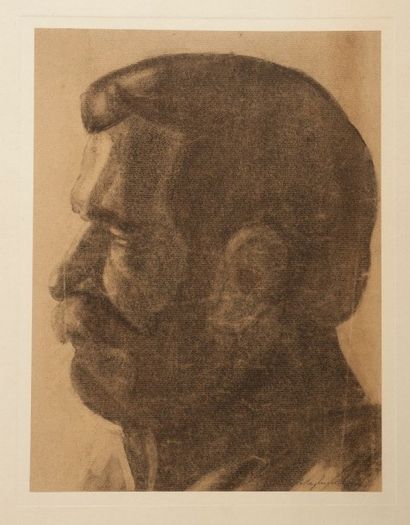 Willy MUCHA (1905-1995), Portrait d'homme de profil, fusain sur papier contrecollé...