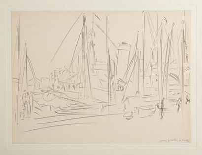 Willy MUCHA (1905-1995), Voiliers ? Saint Tropez, crayon sur papier,contrecollé sur...