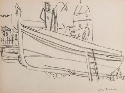 Willy MUCHA (1905-1995), Barques et pêcheurs, ensemble de quatre crayons sur papier,...