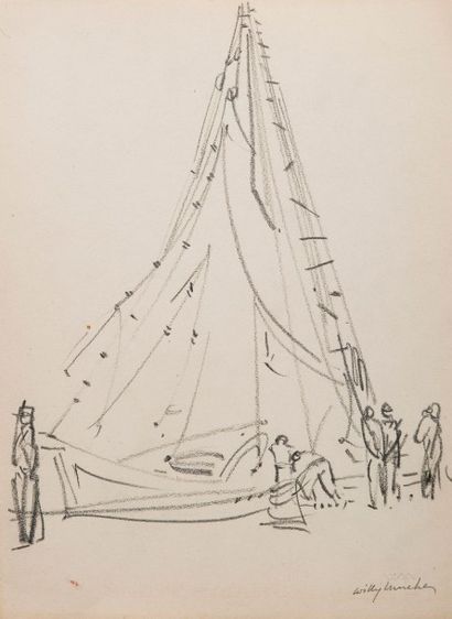 Willy MUCHA (1905-1995), Voilier et pêcheurs, ensemble de deux crayons sur papier,...