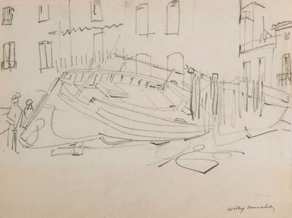 Willy MUCHA (1905-1995), Barques et voilier, ensemble de quatre crayons sur papier,...