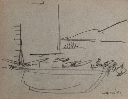 Willy MUCHA (1905-1995), Barques et pêcheurs, ensemble de cinq crayons sur papier,...