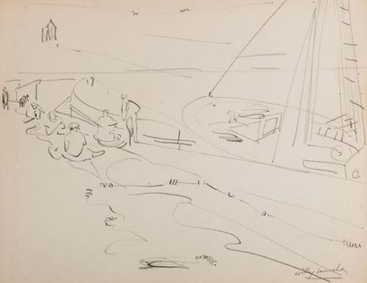 Willy MUCHA (1905-1995), Voiliers et pêcheurs, ensemble de quatre crayons sur papier,...