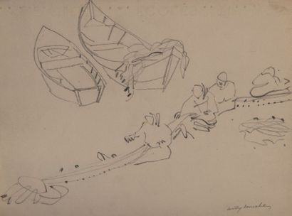 Willy MUCHA (1905-1995), Barques et pêcheurs, ensemble de trois crayons sur papier,...