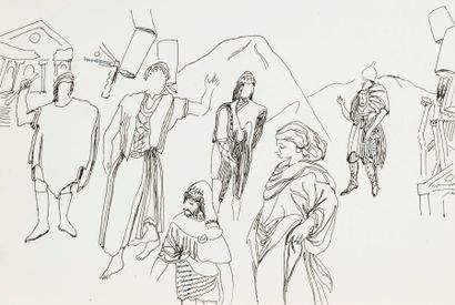 Willy MUCHA (1905-1995), Deux études de costumes et décors de Grèce antique, stylo...