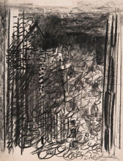 Willy MUCHA (1905-1995), Maison dans les bois, fusain sur papier, signé, monogrammé...