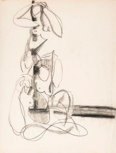Willy MUCHA (1905-1995), Etude de nu, fusain sur papier, non signé. 65,5 x 50 cm