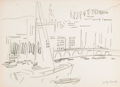 Willy MUCHA (1905-1995), Port à Menton, crayon sur papier, signé et monogrammé au...