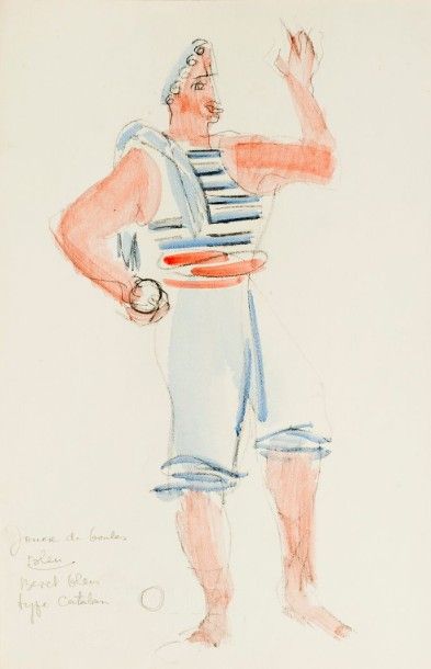 Willy MUCHA (1905-1995), Joueur de boule, projet de costume avec indications, crayon...