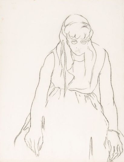 Willy MUCHA (1905-1995), Portrait de jeune fille, fusain, non signé. 63 x 48 cm