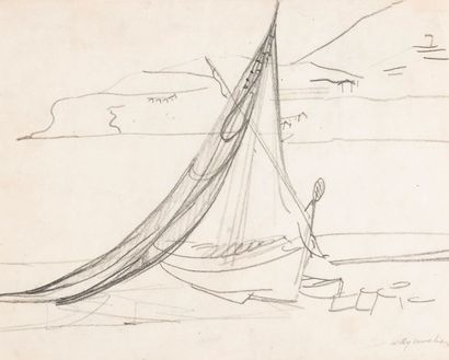 Willy MUCHA (1905-1995), Voilier sur la plage (esquisse au dos), crayon, signé et...