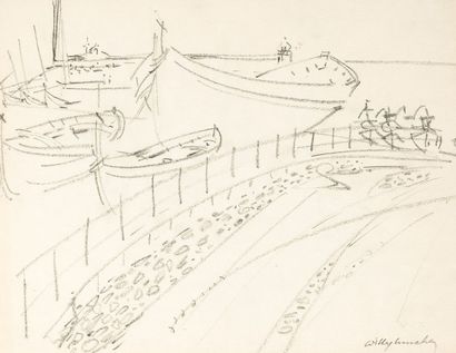 Willy MUCHA (1905-1995), Bateaux au port, (esquisse au dos) crayon sur papier, signé...