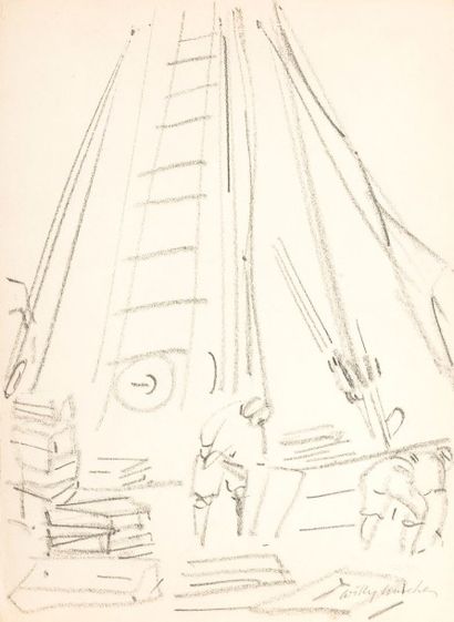 Willy MUCHA (1905-1995), Le chargement du voilier, deux esquisses au crayon sur papier,

signées...