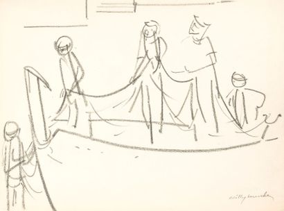 Willy MUCHA (1905-1995), Etude de pêcheurs, deux esquisses au crayon sur papier,...