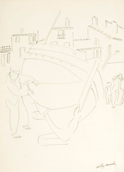 Willy MUCHA (1905-1995), Réparations sur la coque du bateau, crayon sur papier, signé...