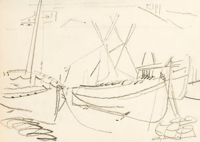 Willy MUCHA (1905-1995), Bateaux au port, deux crayons sur papier, signés en bas...