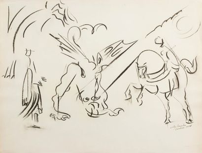 Willy MUCHA (1905-1995), Composition au cavalier, 1946, crayon gras sur papier signé,...