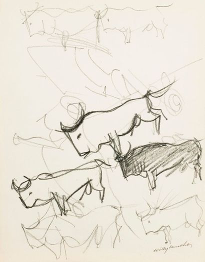 Willy MUCHA (1905-1995), Etude de Toréador et Etude de taureau, deux dessins au crayon,...
