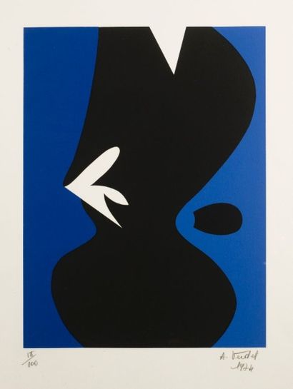 null André VERDET (1913-2004) - Composition sur fond bleu - Lithographie, signée...